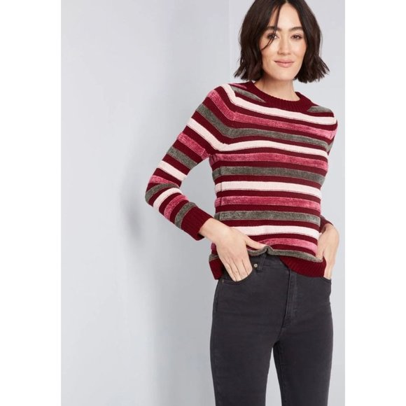 ModCloth Womens S Red Striped Duly Noticed Crew Neck Pullover Chenille Sweater - Picture 5 of 9